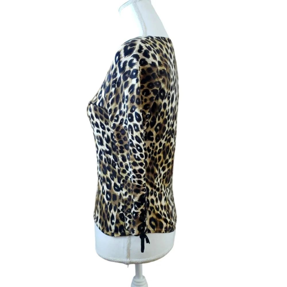 Silk Blend Womens Medium Knit Top Leopard Animal Print 3/4 Sleeve Lace Up Detail - Picture 2 of 7